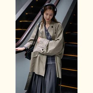 松弛感立领风衣外套女中长款大袖口廓形工装口袋单排扣大衣秋冬季