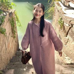 粉色灯笼袖呢子大衣女冬季新款宽松中长款小个子立领毛呢外套