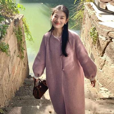 粉色灯笼袖中长款毛呢大衣小个子