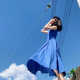 今年流行漂亮裙子新款小个子海边度假法式气质蓝色无袖连衣裙女夏