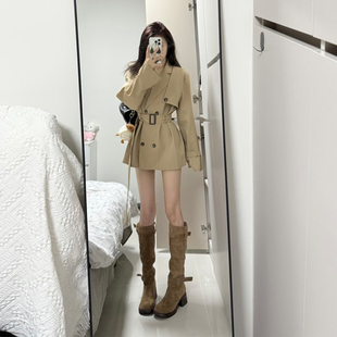 英伦风卡其色风衣女中长款 双排扣系带收腰外套小个子气质大衣上衣