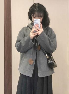 学生灰色连帽毛呢外套女冬季新款高级感小个子短款韩系呢子大衣