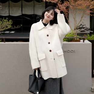 极简风米白色毛呢外套女小个子中长款高级感气质百搭显瘦呢子大衣