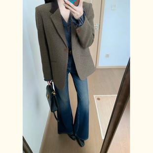复古棕色杂色毛呢西装外套女秋冬一粒扣人字纹宽松休闲呢子小西服