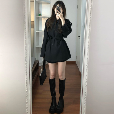 气质通勤黑色翻领风衣女中长款