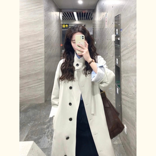 韩版廓形灰白色风衣外套女中长款单排扣质感大衣小个子显瘦气质