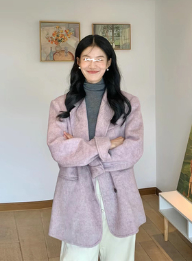 高级感紫色呢子大衣女秋冬装新款小个子法式气质宽松毛呢西装外套