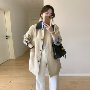 英伦风撞色翻领杏色大衣女春秋季 宽松显瘦外套潮 新款 小个子中长款