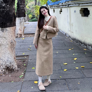 韩系复古毛呢套装女秋冬高级感气质外套半身裙两件套小个子穿搭