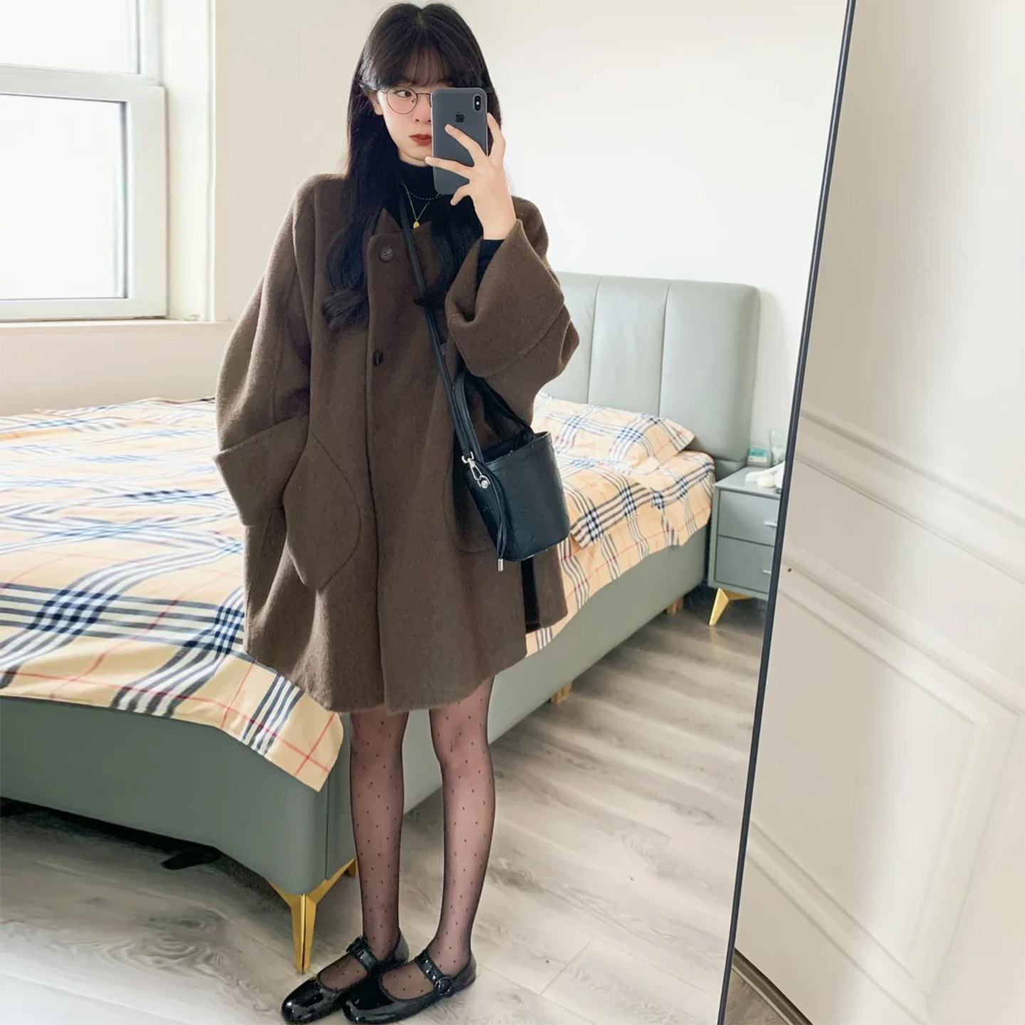 美拉德风毛呢外套女秋冬装中长款