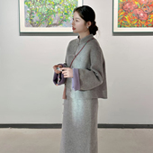 立领撞色两件套女冬秋季 长袖 盘扣短款 新中式 外套高开叉半身裙套装