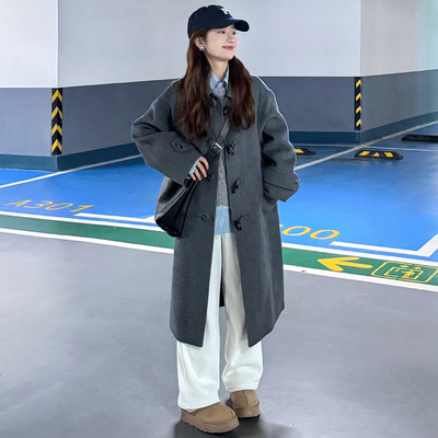 日系学院风灰色牛角扣毛呢外套女