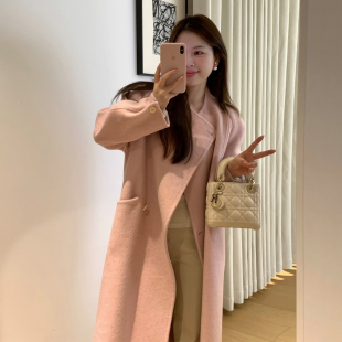 温柔粉色长款呢子大衣女高级感宽松过膝毛呢外套秋冬气质呢子大衣