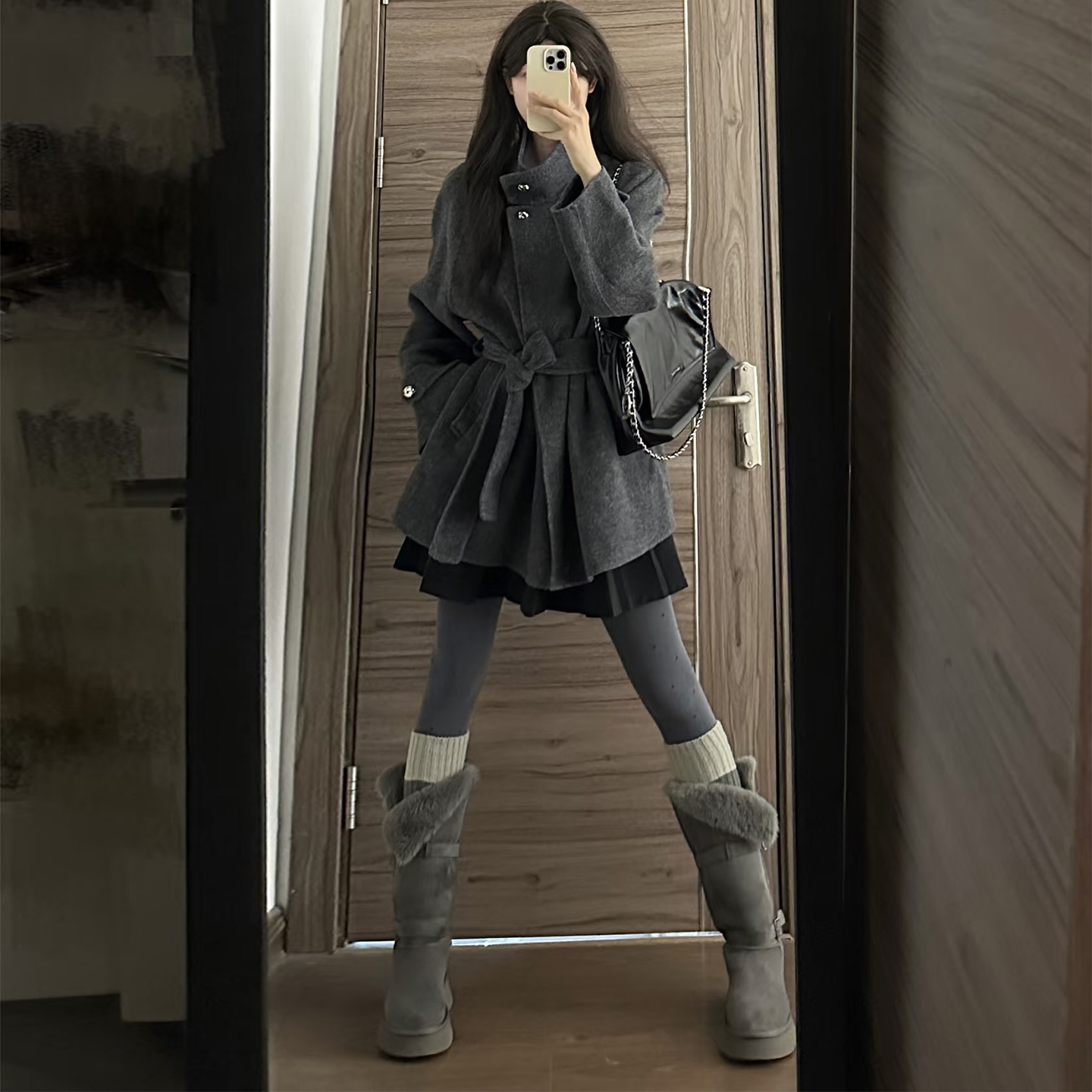 小个子中长款系带立领呢子大衣