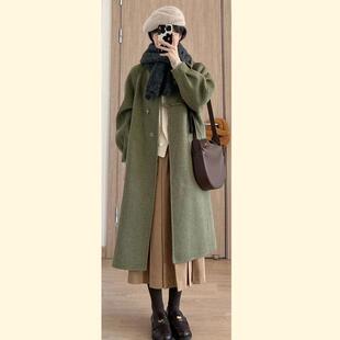 清仓~复古绿色毛呢外套女冬季新中长款小个子超好看宽松呢子大衣
