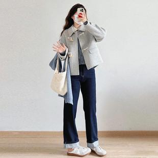 韩系牛角扣短款毛呢外套女冬季新款休闲宽松灰色小个子呢子大衣