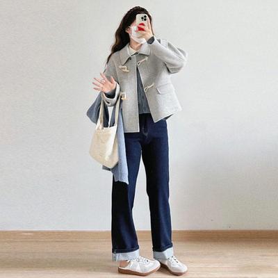 灰色牛角扣短款毛呢外套呢子大衣