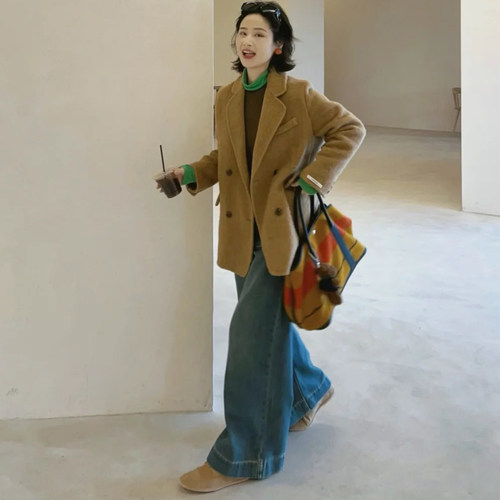 老钱风毛呢西装外套女秋冬装新款