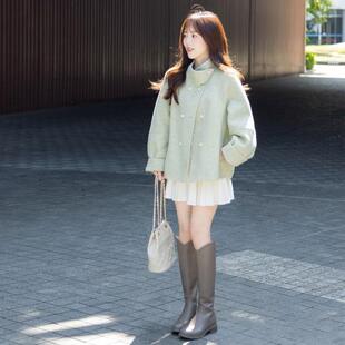 女冬季新款绿色短款毛呢外套立领小个子双排扣韩版宽松呢子大衣