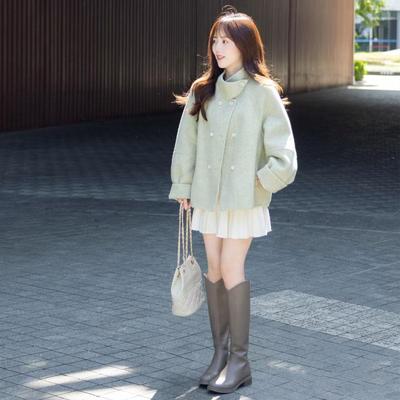 女冬季新款绿色短款毛呢外套