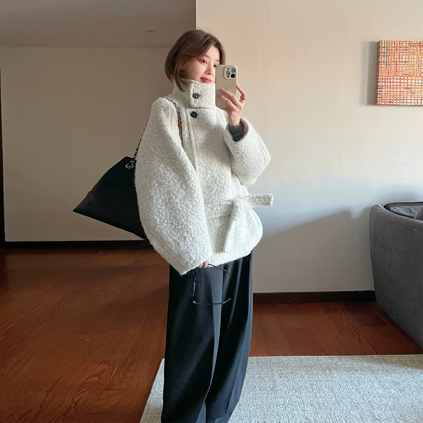 韩系灰白色圈圈毛呢外套女冬宽松显瘦系带呢子大衣高级感时尚通勤,女装/女士精品,毛呢外套,淘宝优惠券,粉丝福利购,淘宝优惠卷