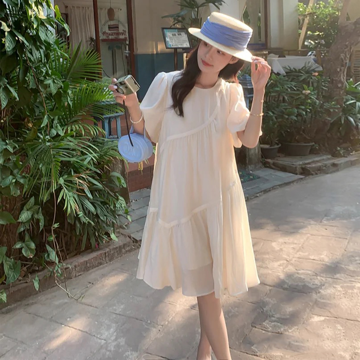 小个子宽松显瘦拼接桔梗连衣裙