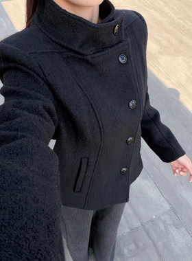 黑色立领短款呢子大衣女显瘦