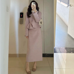 高级感气质显瘦上衣半身裙两件套 女秋冬装 法式 小香风粉色毛呢套装