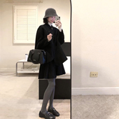 韩系赫本风黑色毛呢套装 女秋冬季 小个子立领外套百褶半身裙两件套