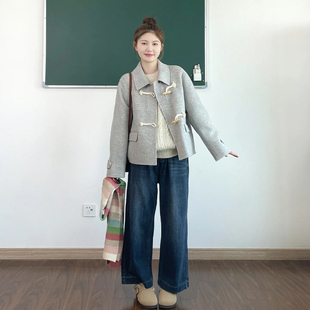高级感学院风牛角扣短款毛呢外套女秋冬装新款韩系小个子毛呢外套