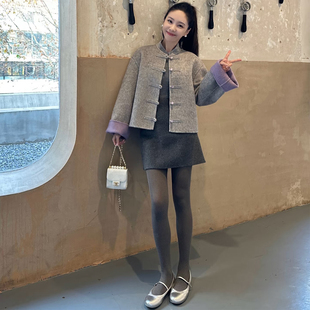 新中式国风立领盘扣毛呢外套女秋冬装小个子短款撞色呢子大衣显瘦