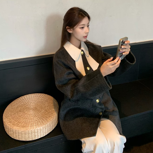 温柔风撞色蝴蝶结领毛呢外套女秋冬装小个子中长款毛呢外套高级感