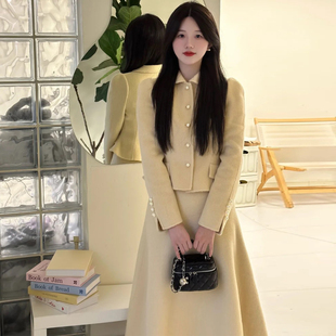千金风翻领外套A字裙毛呢套装 高知感气质呢子两件套轻熟风 女秋装