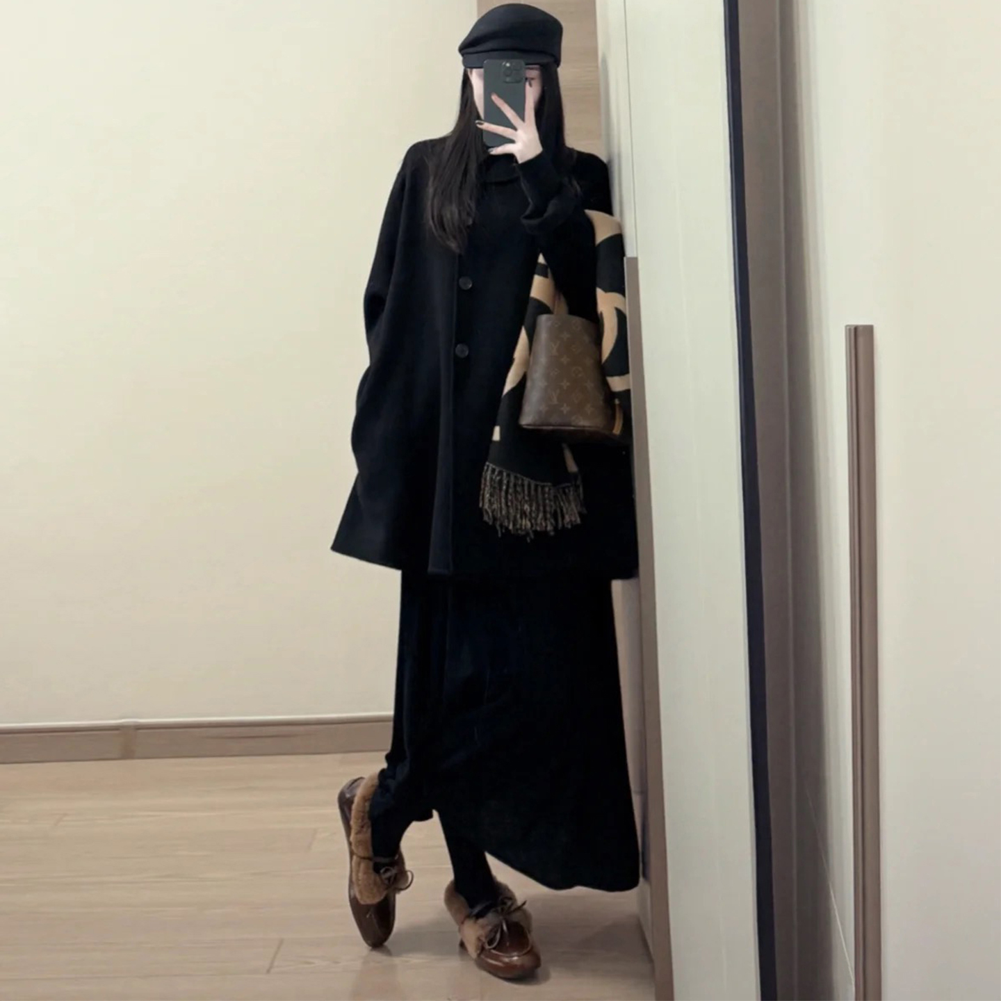 千金风黑色毛呢外套女秋冬小个子中长款斗篷翻领保暖气质呢子大衣