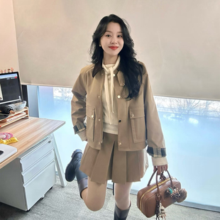 韩系学院风工装外套百褶裙两件套女春秋小个子高级感套装