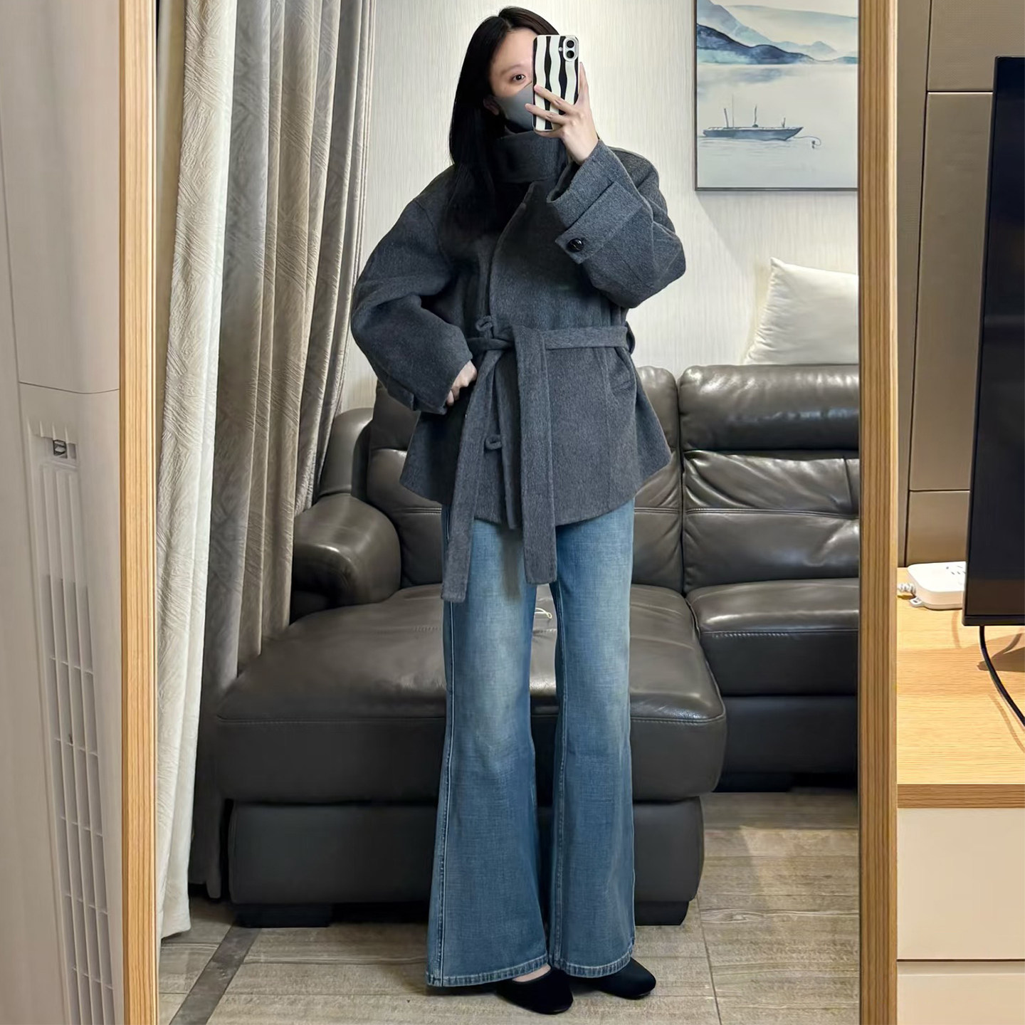 韩系复古风灰色系带立领毛呢大衣