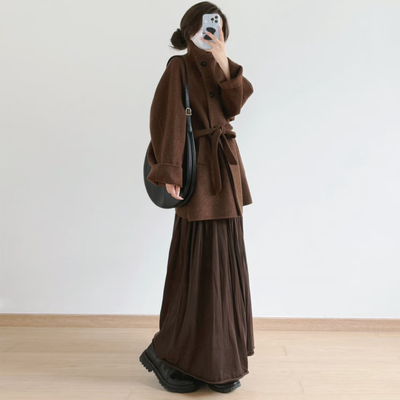 气质腰带收腰显瘦棕色呢子大衣女