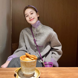 新中式国风灰色立领盘扣短款毛呢外套女高级感小个子百搭呢子大衣