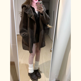 复古学院风连帽呢子大衣 美拉德宽松大口袋中长款毛呢外套秋冬