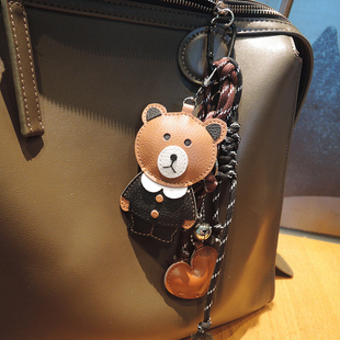 高级手工皮革布朗熊包包挂件可爱小熊钥匙扣缪系列男女包包挂饰