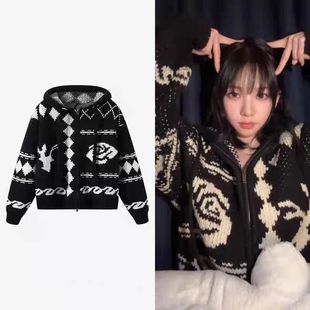 柳智敏同款慵懒风宽松个性针织开衫韩系潮流百搭毛衣小众提花外套