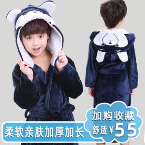 秋冬季儿童睡袍小孩男女童带帽睡衣保暖法兰绒加厚长款浴袍珊瑚绒