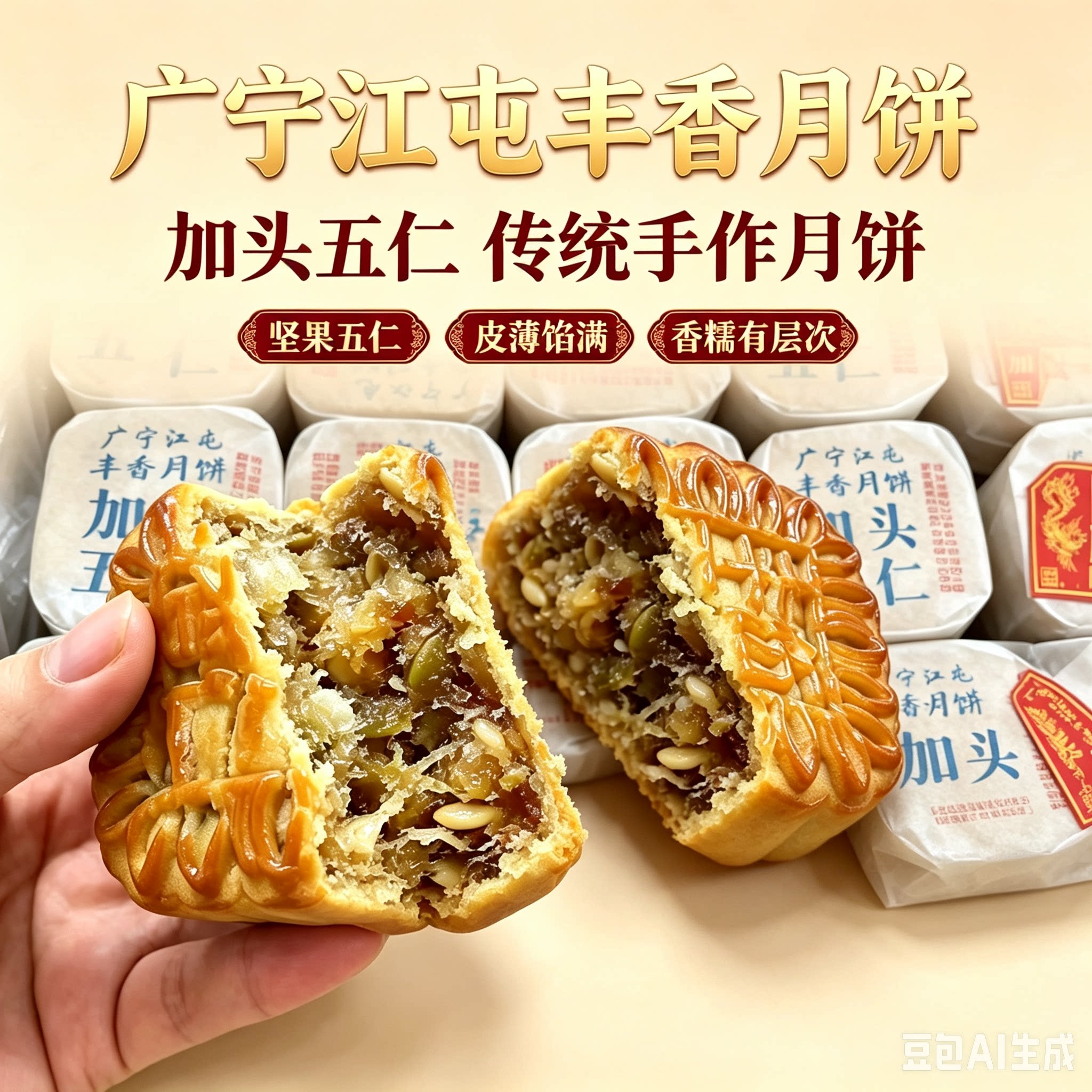 广宁江屯丰香加头五仁月饼老式传统手工广式果仁中秋特产筒装月饼