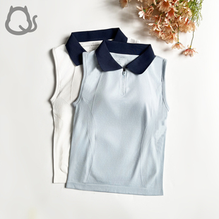 一体杯运动背心训练瑜伽服女POLO领大弹力跑步速干长款健身上衣