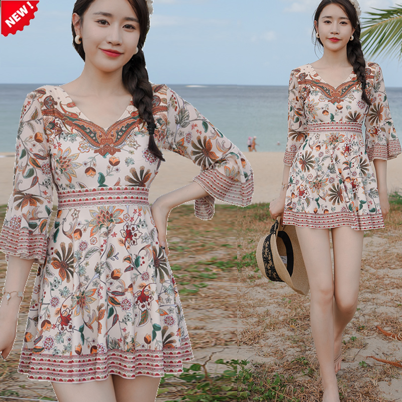 泳衣女大码连体裙式保守游泳衣胖mm遮肚200斤宽松显瘦泡温泉泳装