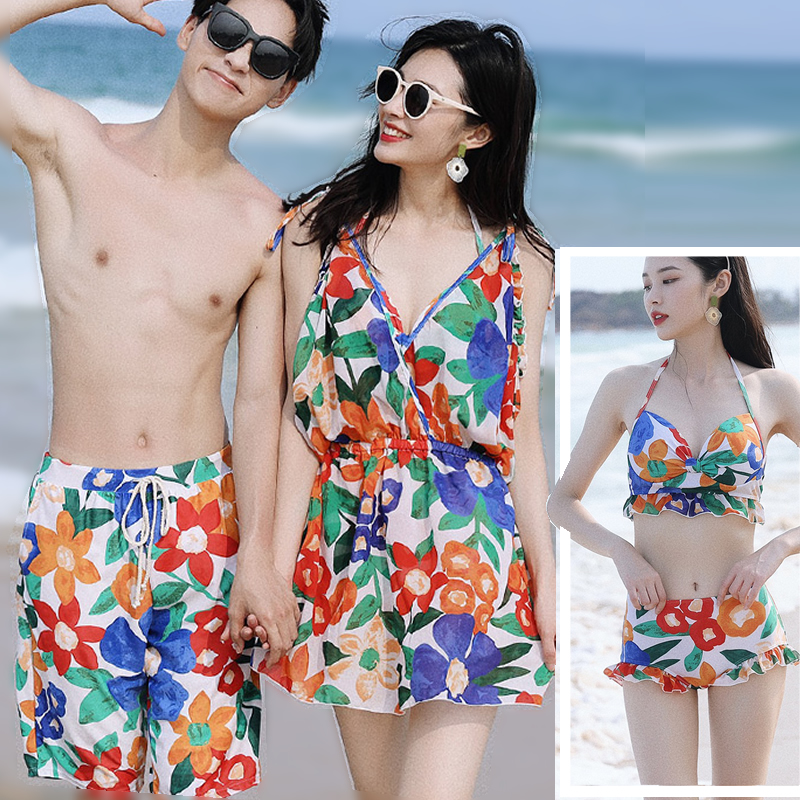 蜜月度假泡温泉情侣泳衣女2025新款比基尼三件套分体式裙男沙滩裤