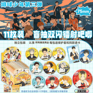排球少年75MM马口铁吧唧盲盒3弹徽章双闪镭射胸针谷子日向研磨