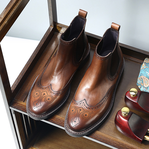 TRD复古圆头切尔西靴男潮真皮褶皱手工做旧布洛克男靴厚底马丁靴