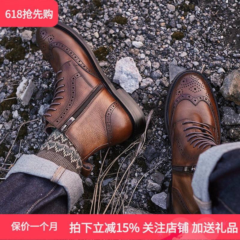 TRD英伦复古布洛克男靴真皮雕花马丁靴男潮高帮圆头固特异工装靴