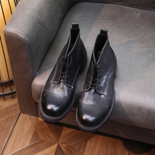 复古水洗马皮马丁靴男士真皮圆头休闲短靴高帮厚底增高英伦工装靴